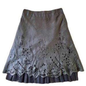 🇬🇧 KS. SELECTION brown linen skirt with cut out & embroidered shapes & beading